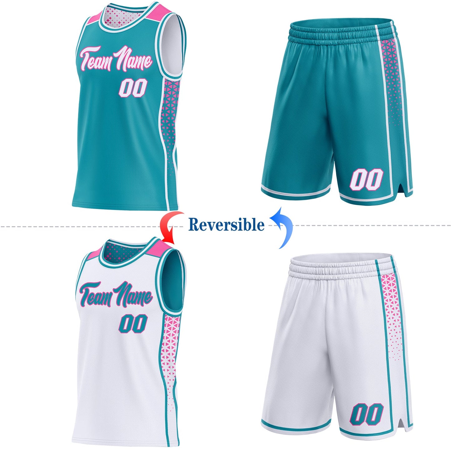 Custom Teal White-Pink Side Panel Stripe Geometric Triangle Gradient Dot Reversible Double Side Sublimation Basketball Set Jersey view 2