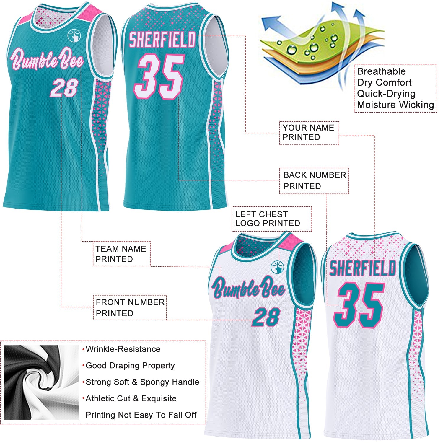 Custom Teal White-Pink Side Panel Stripe Geometric Triangle Gradient Dot Reversible Double Side Sublimation Basketball Set Jersey view 3