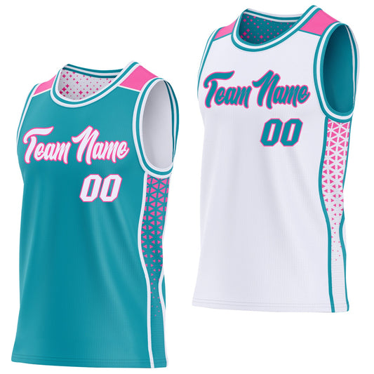 Custom Teal White-Pink Side Panel Stripe Geometric Triangle Gradient Dot Reversible Double Side Sublimation Basketball Set Jersey - Main View
