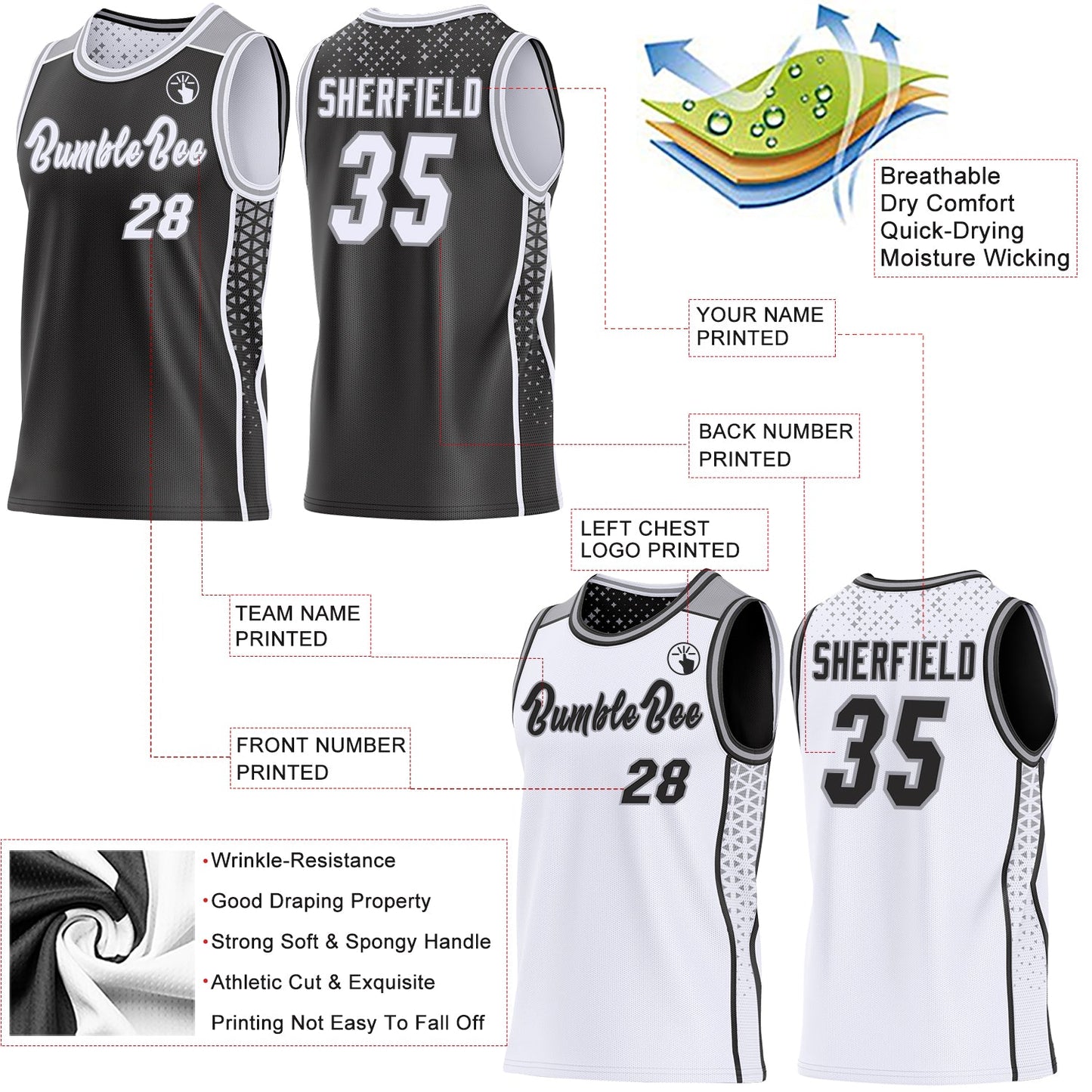 Custom Black White-Gray Side Panel Stripe Geometric Triangle Gradient Dot Reversible Double Side Sublimation Basketball Set Jersey view 3