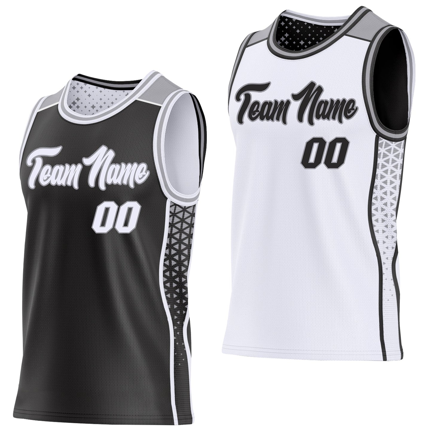 Custom Black White-Gray Side Panel Stripe Geometric Triangle Gradient Dot Reversible Double Side Sublimation Basketball Set Jersey - Main View