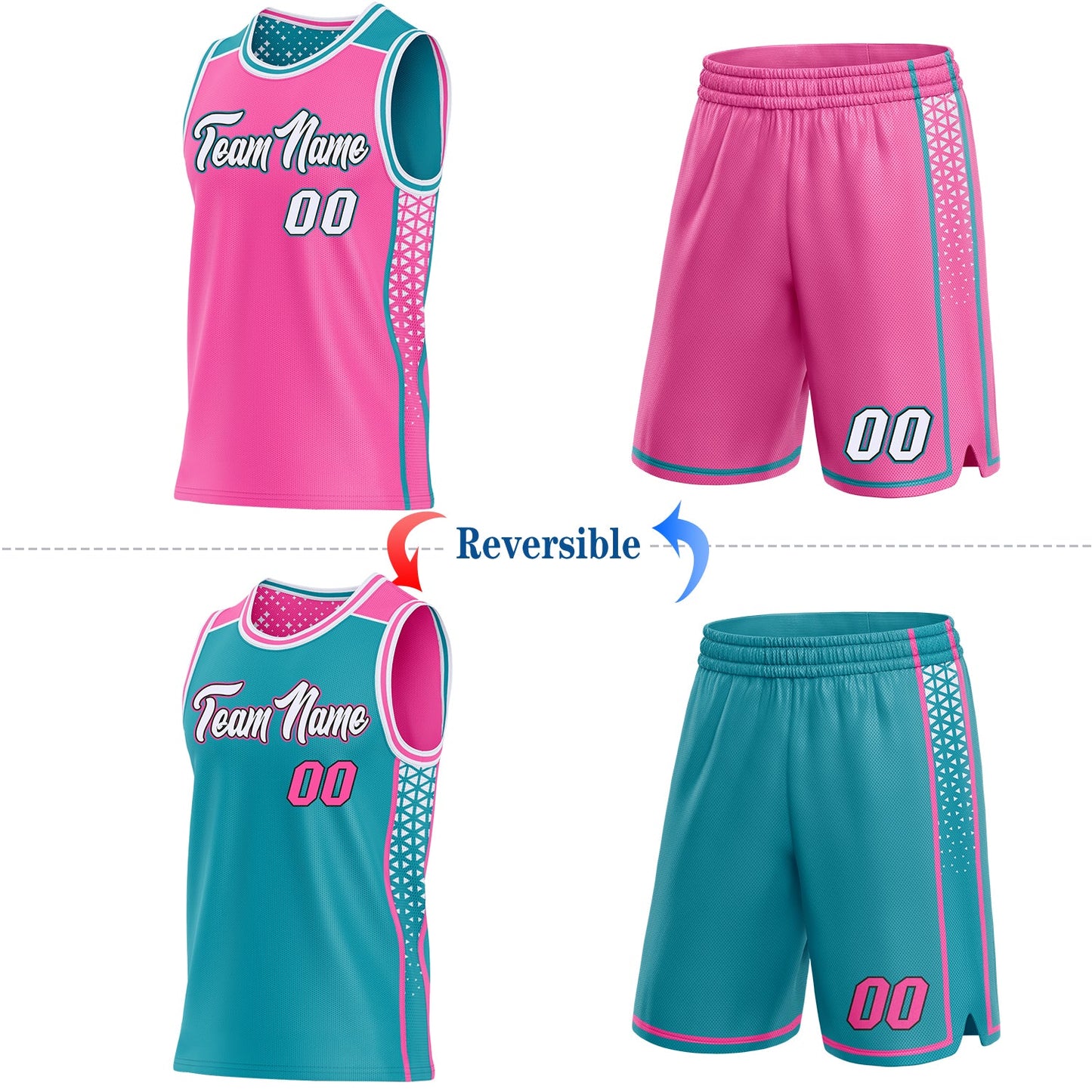 Custom Pink White Black-Teal Side Panel Stripe Geometric Triangle Gradient Dot Reversible Double Side Sublimation Basketball Set Jersey view 2