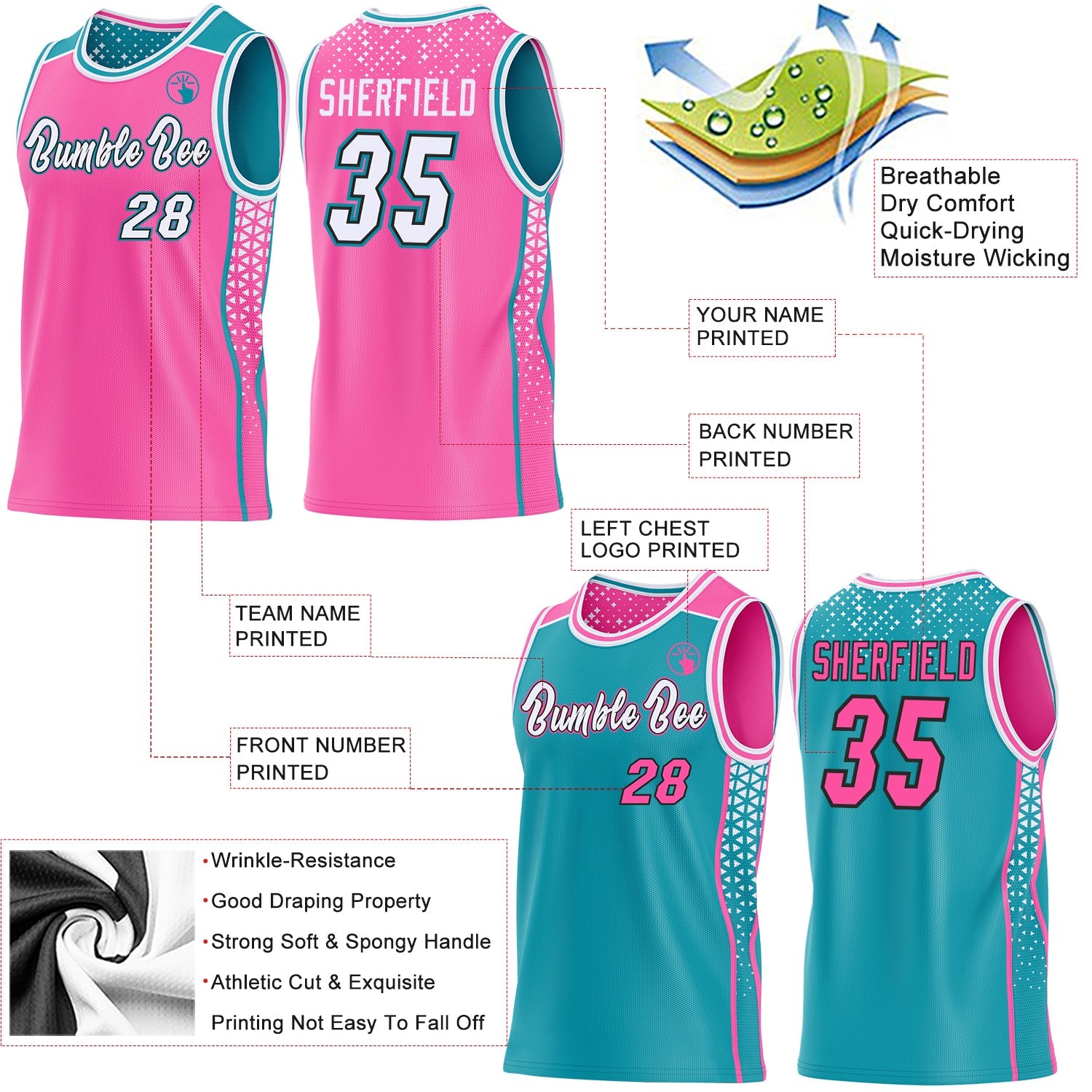 Custom Pink White Black-Teal Side Panel Stripe Geometric Triangle Gradient Dot Reversible Double Side Sublimation Basketball Set Jersey view 3