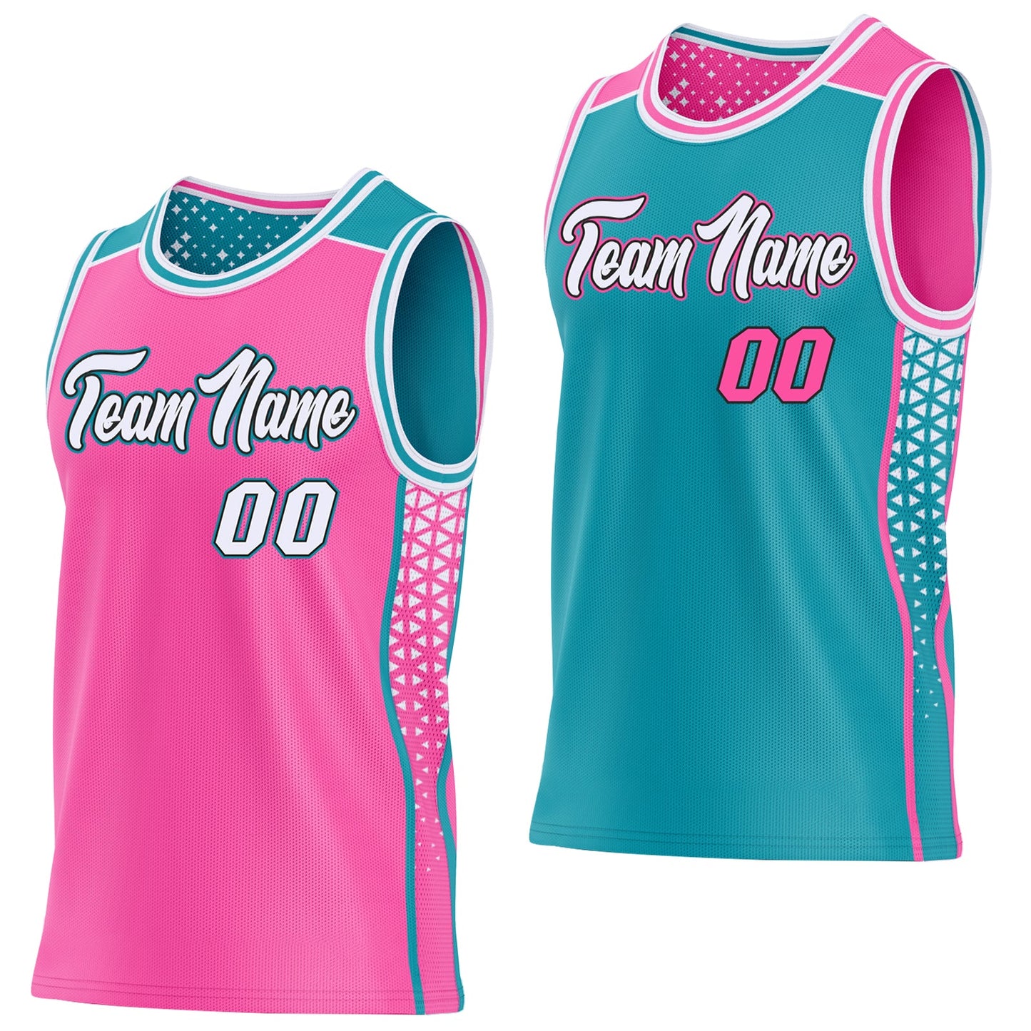 Custom Pink White Black-Teal Side Panel Stripe Geometric Triangle Gradient Dot Reversible Double Side Sublimation Basketball Set Jersey - Main View