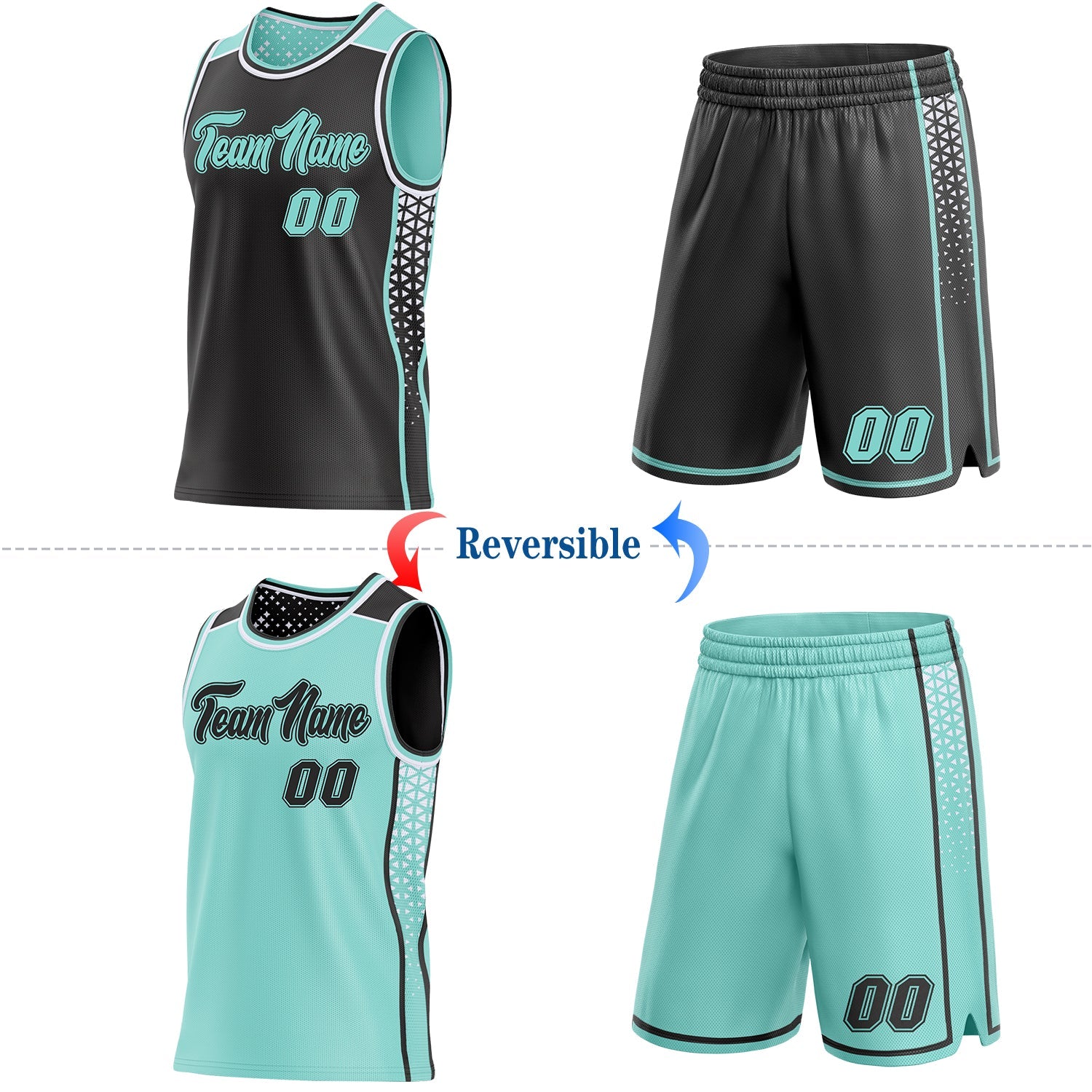 Custom Black Ice Blue-White Side Panel Stripe Geometric Triangle Gradient Dot Reversible Double Side Sublimation Basketball Set Jersey view 2