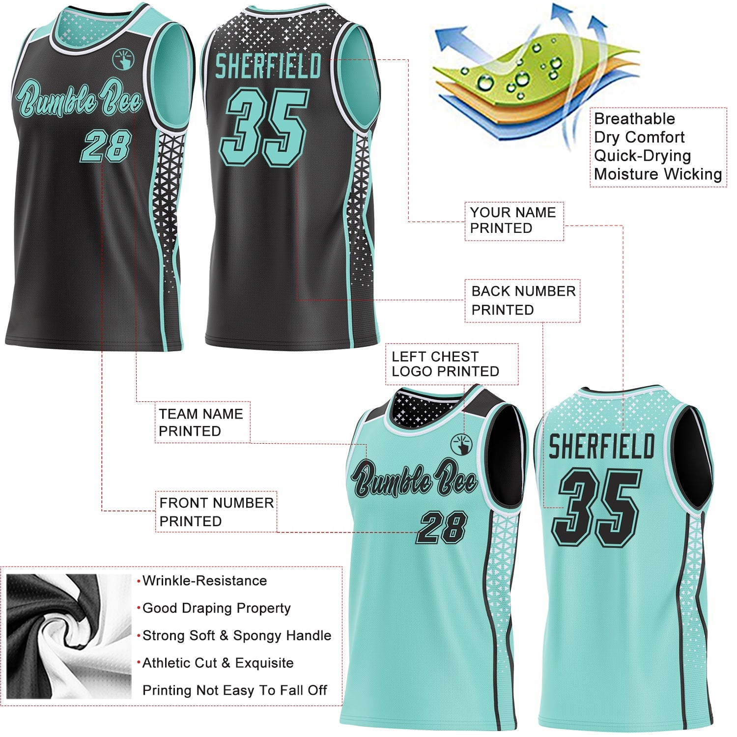 Custom Black Ice Blue-White Side Panel Stripe Geometric Triangle Gradient Dot Reversible Double Side Sublimation Basketball Set Jersey view 3