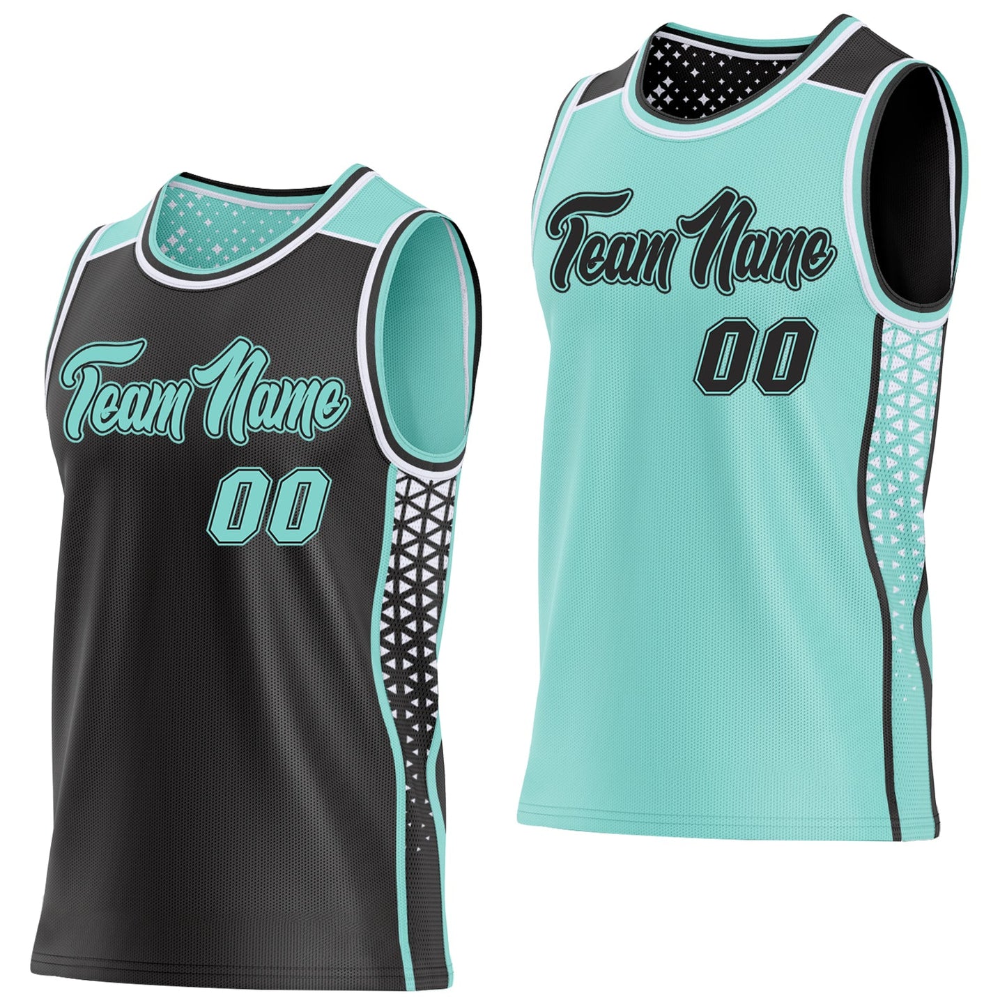 Custom Black Ice Blue-White Side Panel Stripe Geometric Triangle Gradient Dot Reversible Double Side Sublimation Basketball Set Jersey - Main View
