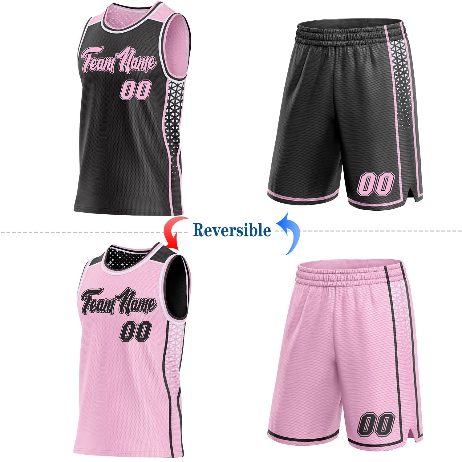 Custom Black Light Pink-White Side Panel Stripe Geometric Triangle Gradient Dot Reversible Double Side Sublimation Basketball Set Jersey view 2