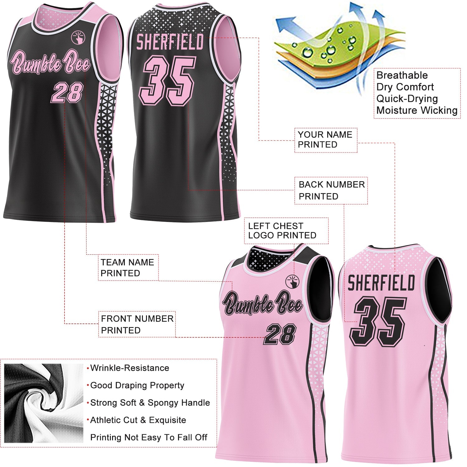 Custom Black Light Pink-White Side Panel Stripe Geometric Triangle Gradient Dot Reversible Double Side Sublimation Basketball Set Jersey view 3