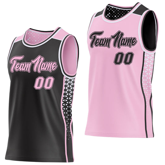 Custom Black Light Pink-White Side Panel Stripe Geometric Triangle Gradient Dot Reversible Double Side Sublimation Basketball Set Jersey - Main View
