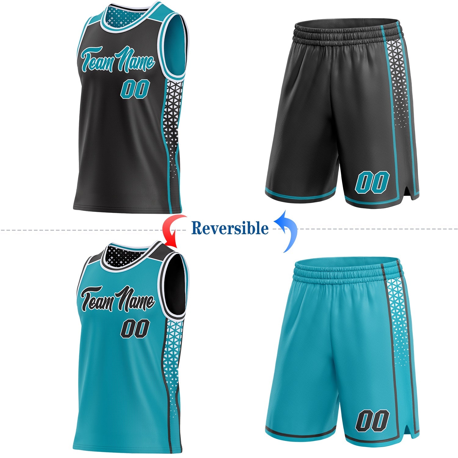 Custom Black Teal-White Side Panel Stripe Geometric Triangle Gradient Dot Reversible Double Side Sublimation Basketball Set Jersey view 2