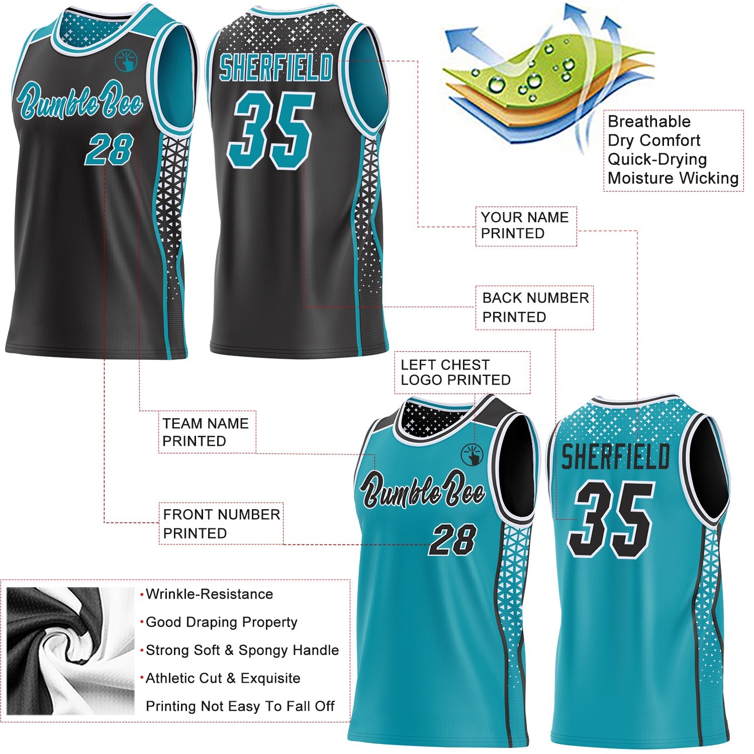 Custom Black Teal-White Side Panel Stripe Geometric Triangle Gradient Dot Reversible Double Side Sublimation Basketball Set Jersey view 3