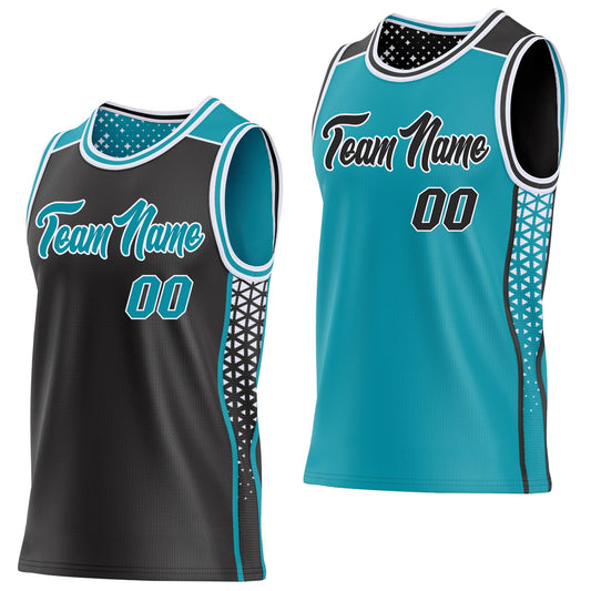 Custom Black Teal-White Side Panel Stripe Geometric Triangle Gradient Dot Reversible Double Side Sublimation Basketball Set Jersey - Main View