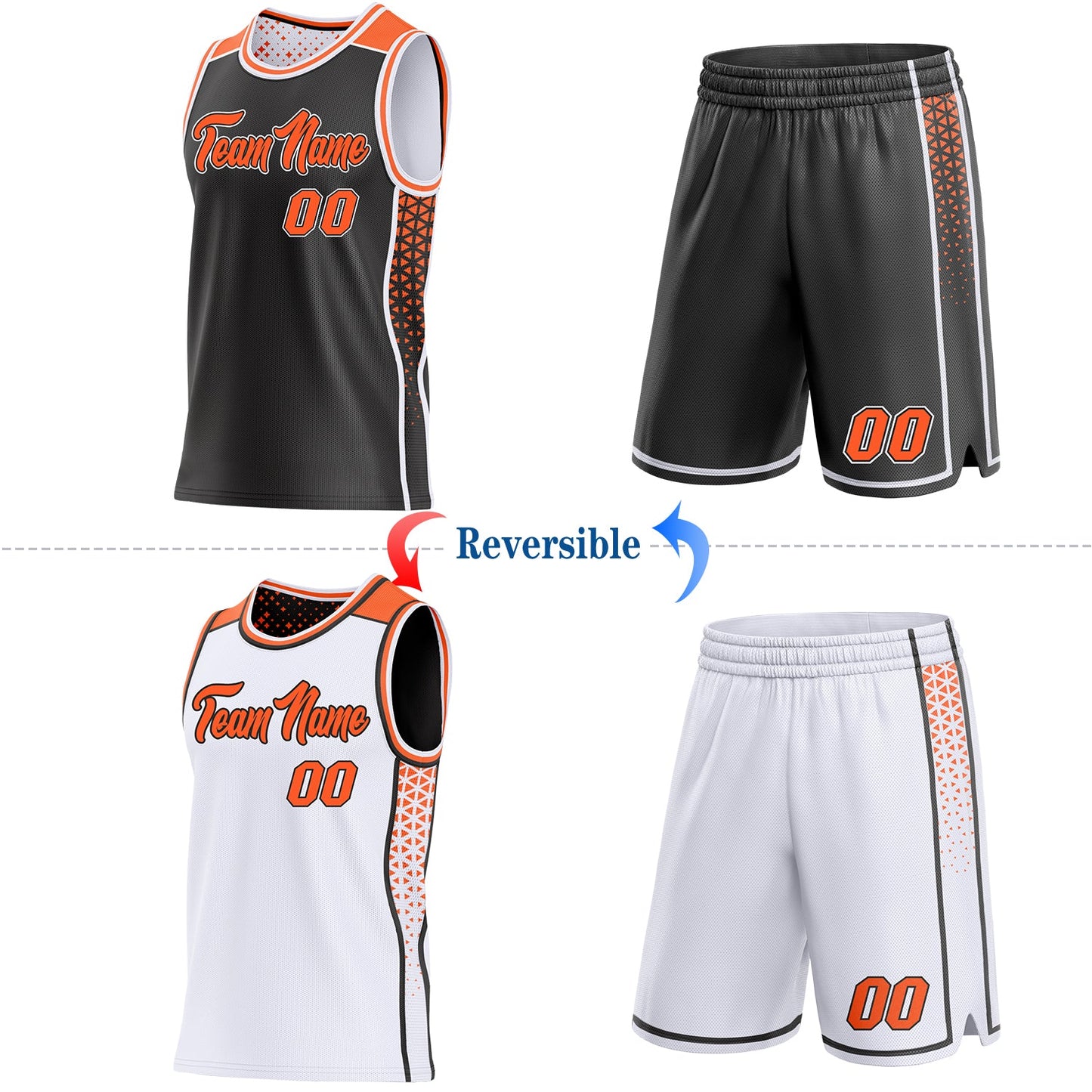 Custom Black Orange-White Side Panel Stripe Geometric Triangle Gradient Dot Reversible Double Side Sublimation Basketball Set Jersey view 2