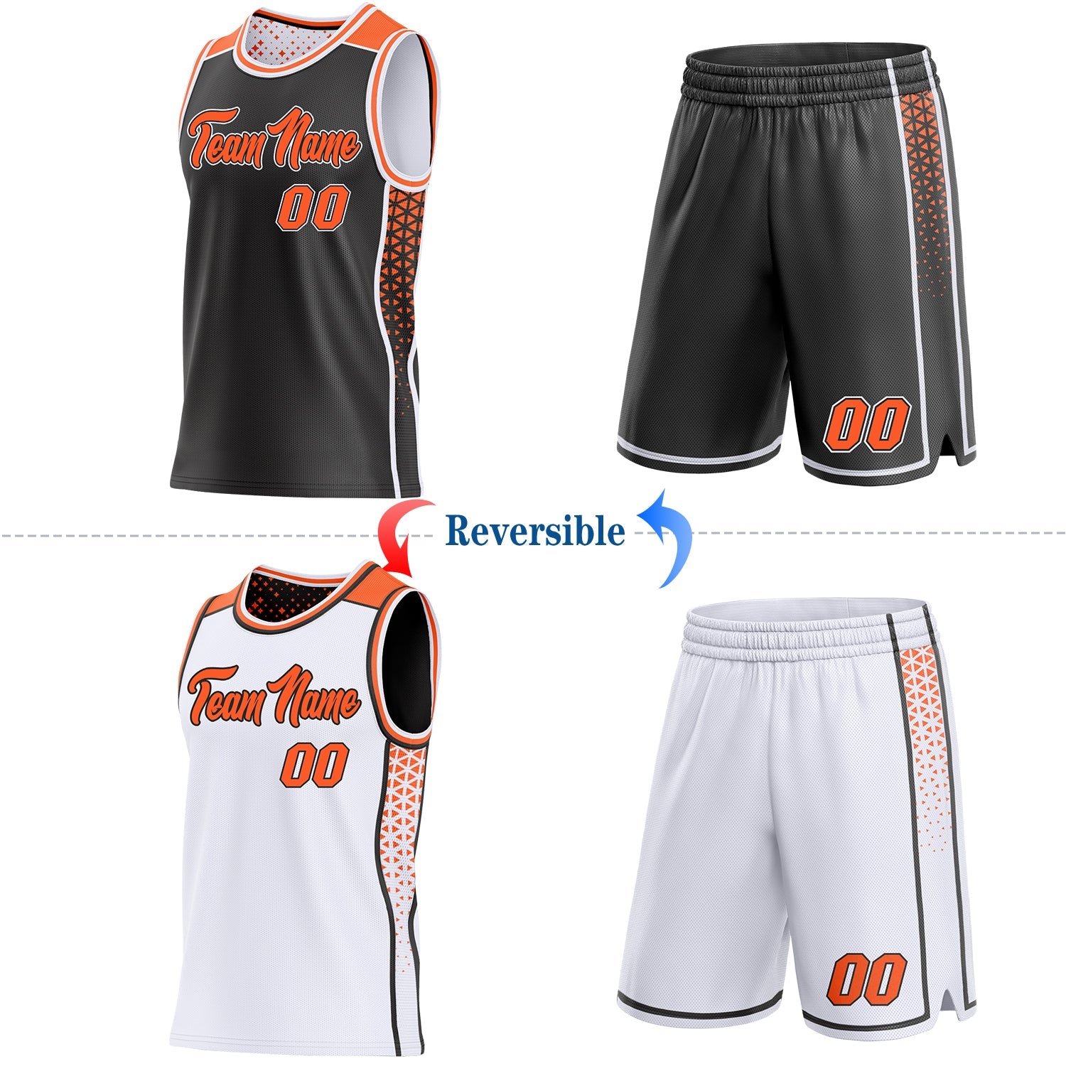 Custom Black Orange-White Side Panel Stripe Geometric Triangle Gradient Dot Reversible Double Side Sublimation Basketball Set Jersey view 2