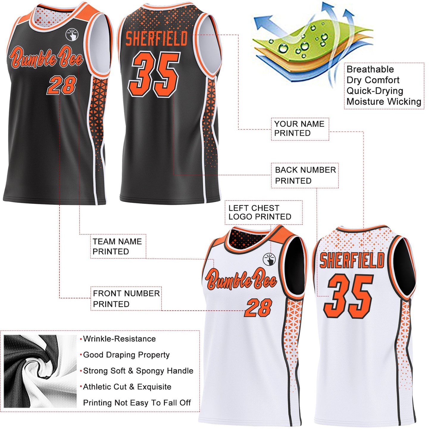 Custom Black Orange-White Side Panel Stripe Geometric Triangle Gradient Dot Reversible Double Side Sublimation Basketball Set Jersey view 3