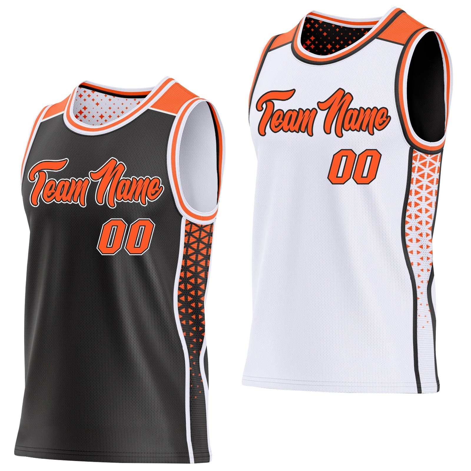 Custom Black Orange-White Side Panel Stripe Geometric Triangle Gradient Dot Reversible Double Side Sublimation Basketball Set Jersey - Main View