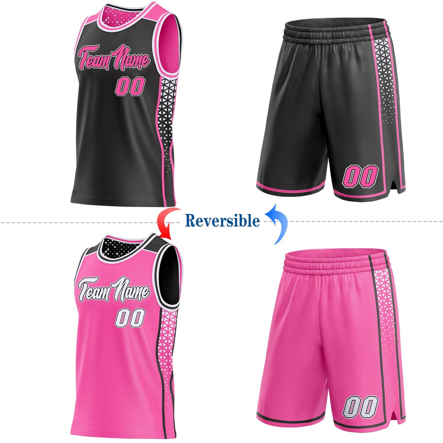 Custom Black Pink-White Side Panel Stripe Geometric Triangle Gradient Dot Reversible Double Side Sublimation Basketball Set Jersey view 2