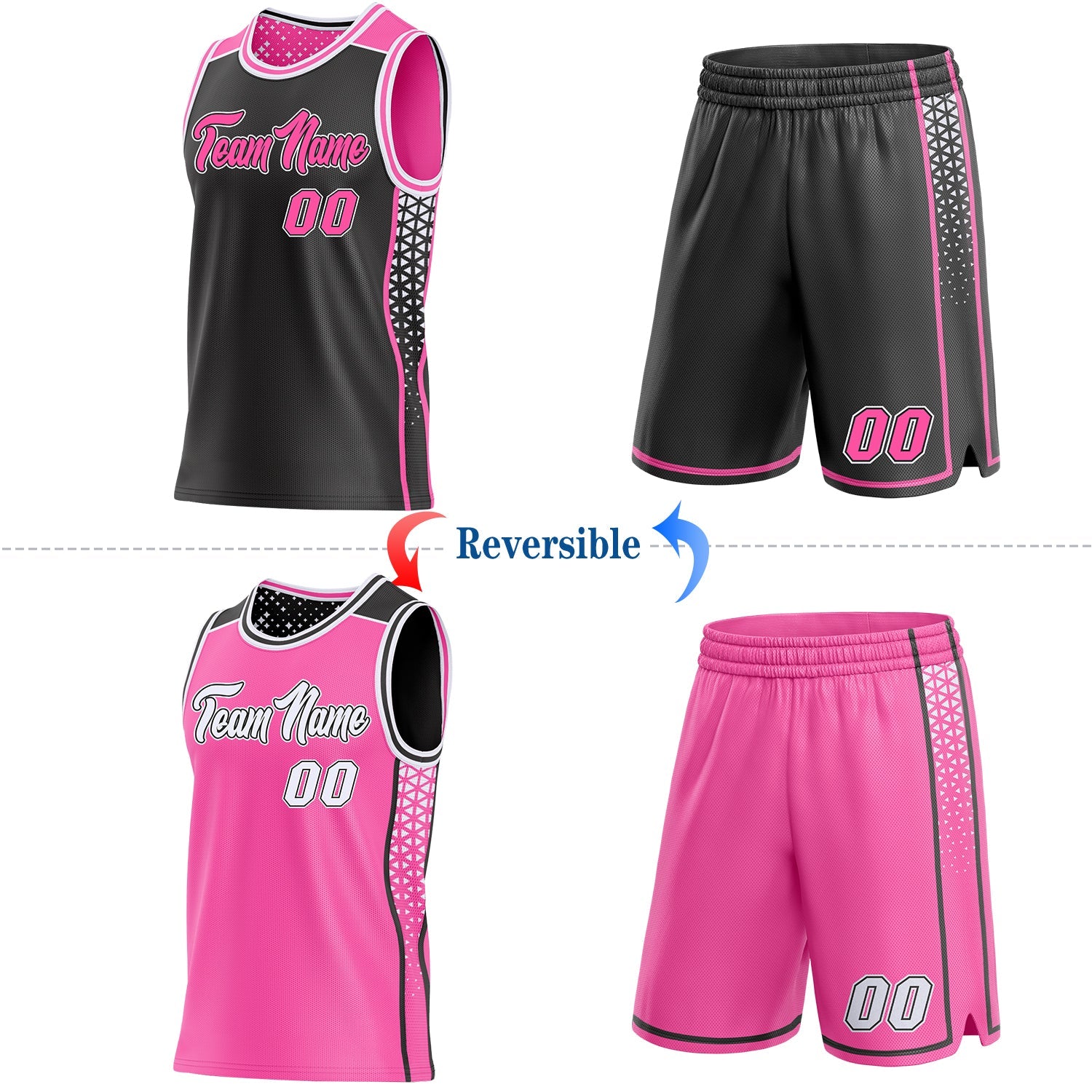 Custom Black Pink-White Side Panel Stripe Geometric Triangle Gradient Dot Reversible Double Side Sublimation Basketball Set Jersey view 2