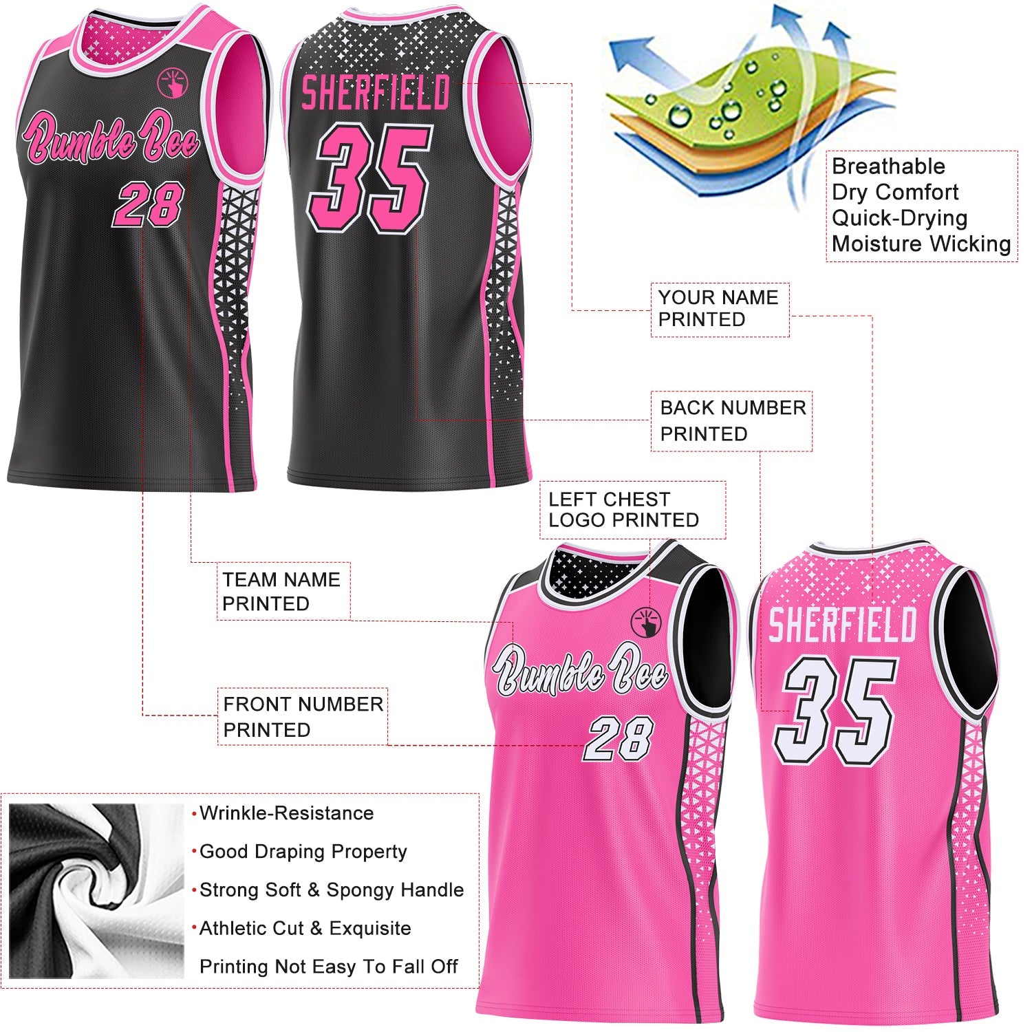 Custom Black Pink-White Side Panel Stripe Geometric Triangle Gradient Dot Reversible Double Side Sublimation Basketball Set Jersey view 3
