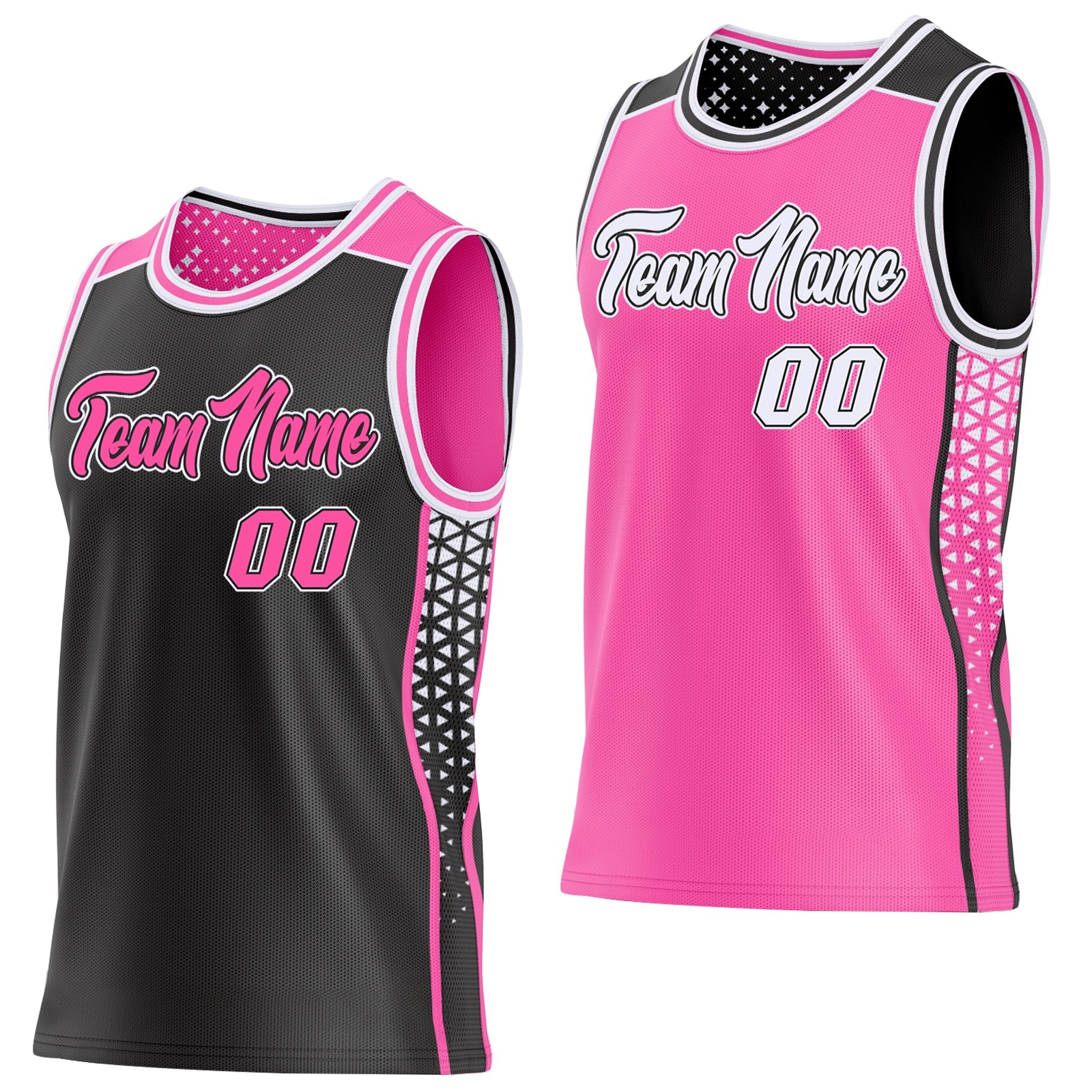 Custom Black Pink-White Side Panel Stripe Geometric Triangle Gradient Dot Reversible Double Side Sublimation Basketball Set Jersey - Main View