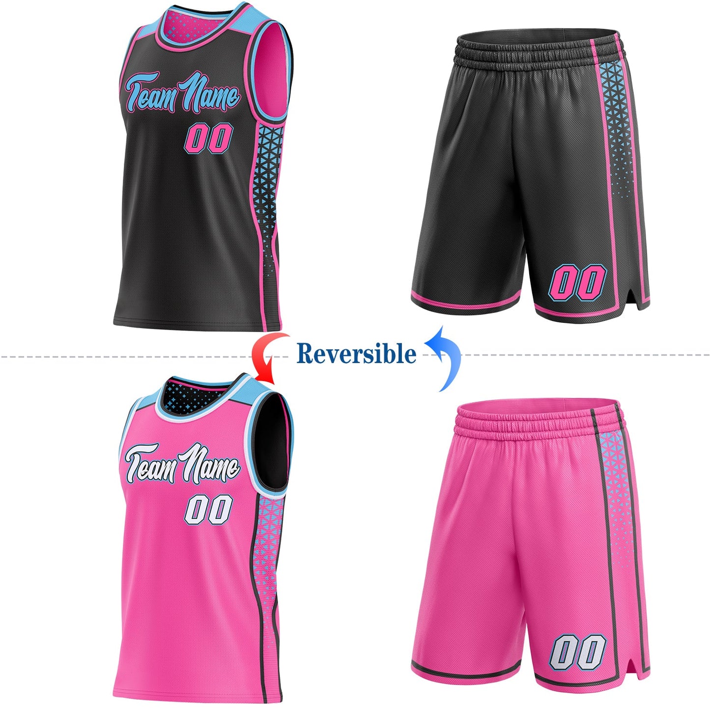 Custom Black Pink-Sky Blue Side Panel Stripe Geometric Triangle Gradient Dot Reversible Double Side Sublimation Basketball Set Jersey view 2