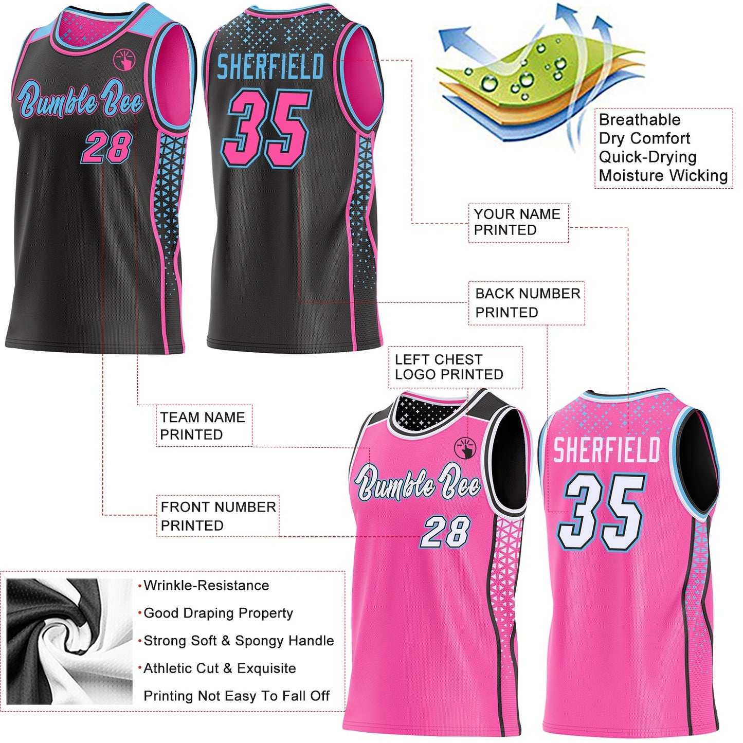 Custom Black Pink-Sky Blue Side Panel Stripe Geometric Triangle Gradient Dot Reversible Double Side Sublimation Basketball Set Jersey view 3
