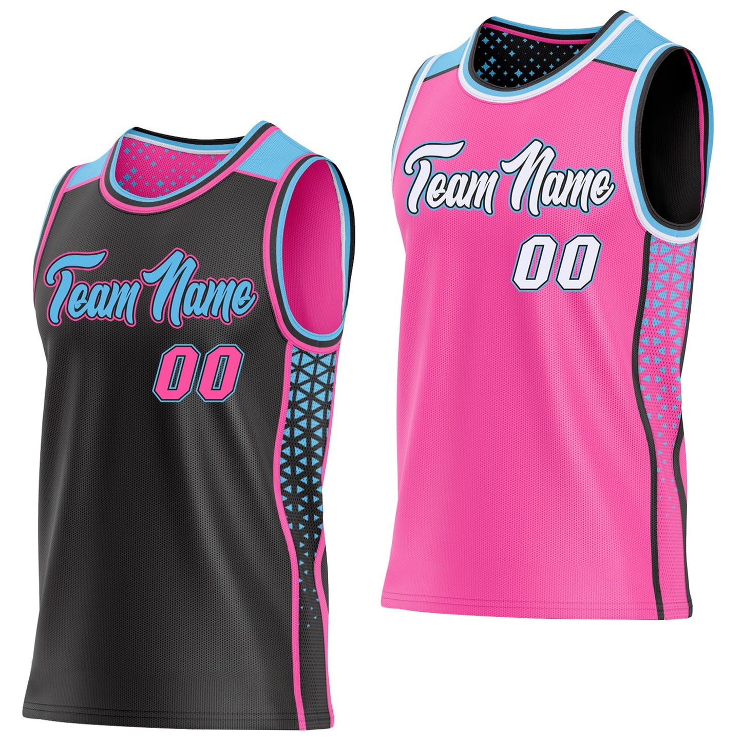 Custom Black Pink-Sky Blue Side Panel Stripe Geometric Triangle Gradient Dot Reversible Double Side Sublimation Basketball Set Jersey - Main View