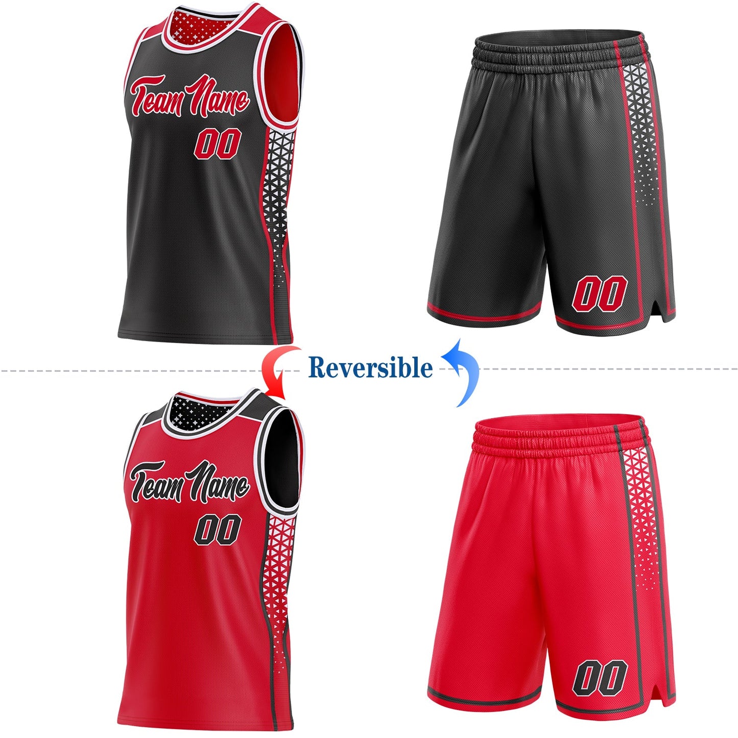 Custom Black Red-White Side Panel Stripe Geometric Triangle Gradient Dot Reversible Double Side Sublimation Basketball Set Jersey view 2