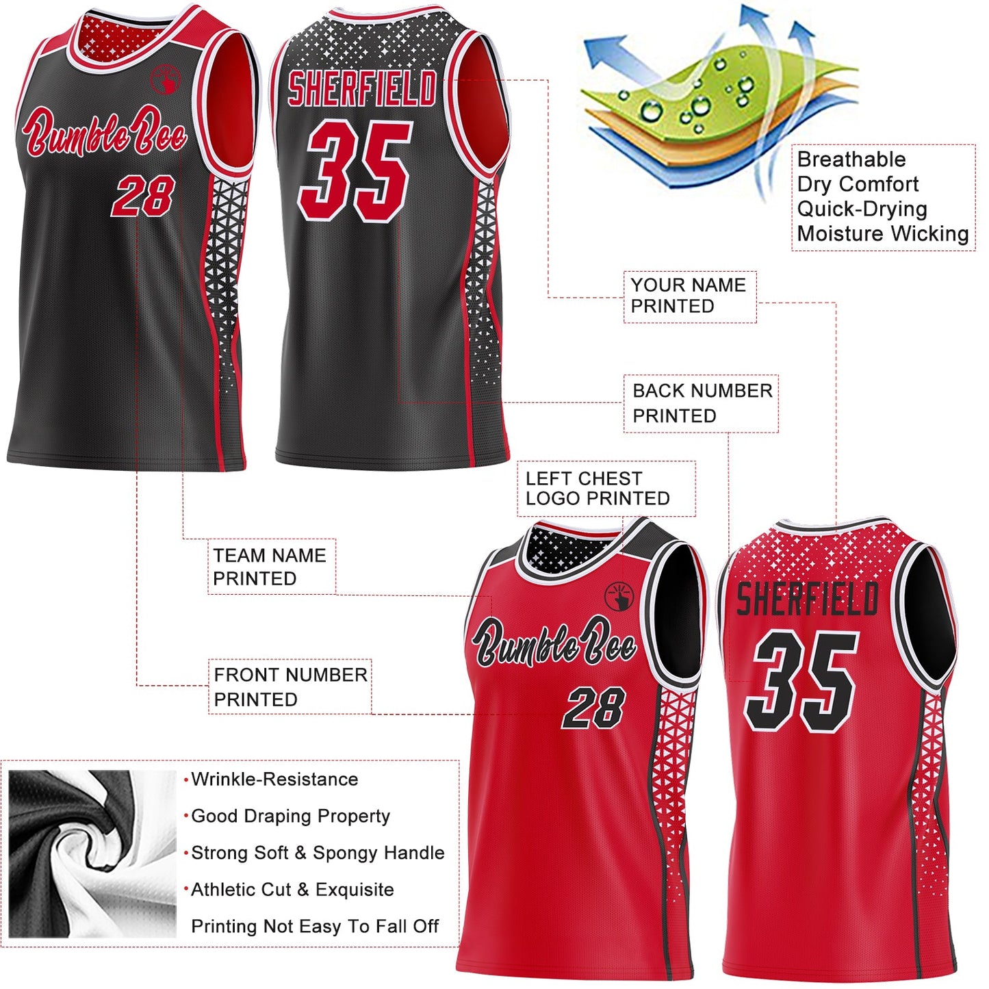 Custom Black Red-White Side Panel Stripe Geometric Triangle Gradient Dot Reversible Double Side Sublimation Basketball Set Jersey view 3