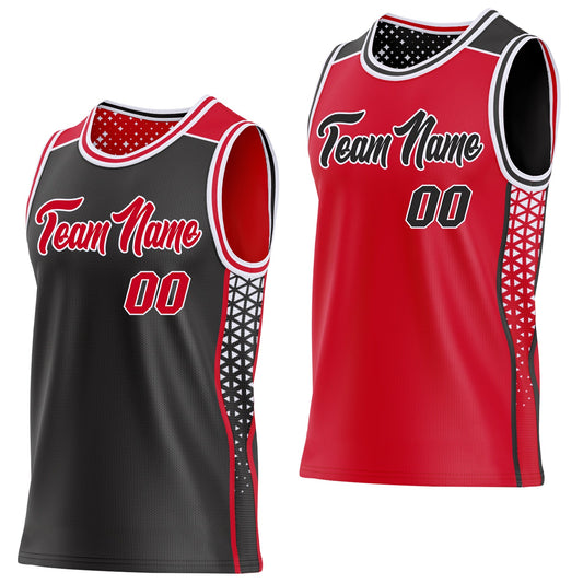 Custom Black Red-White Side Panel Stripe Geometric Triangle Gradient Dot Reversible Double Side Sublimation Basketball Set Jersey - Main View
