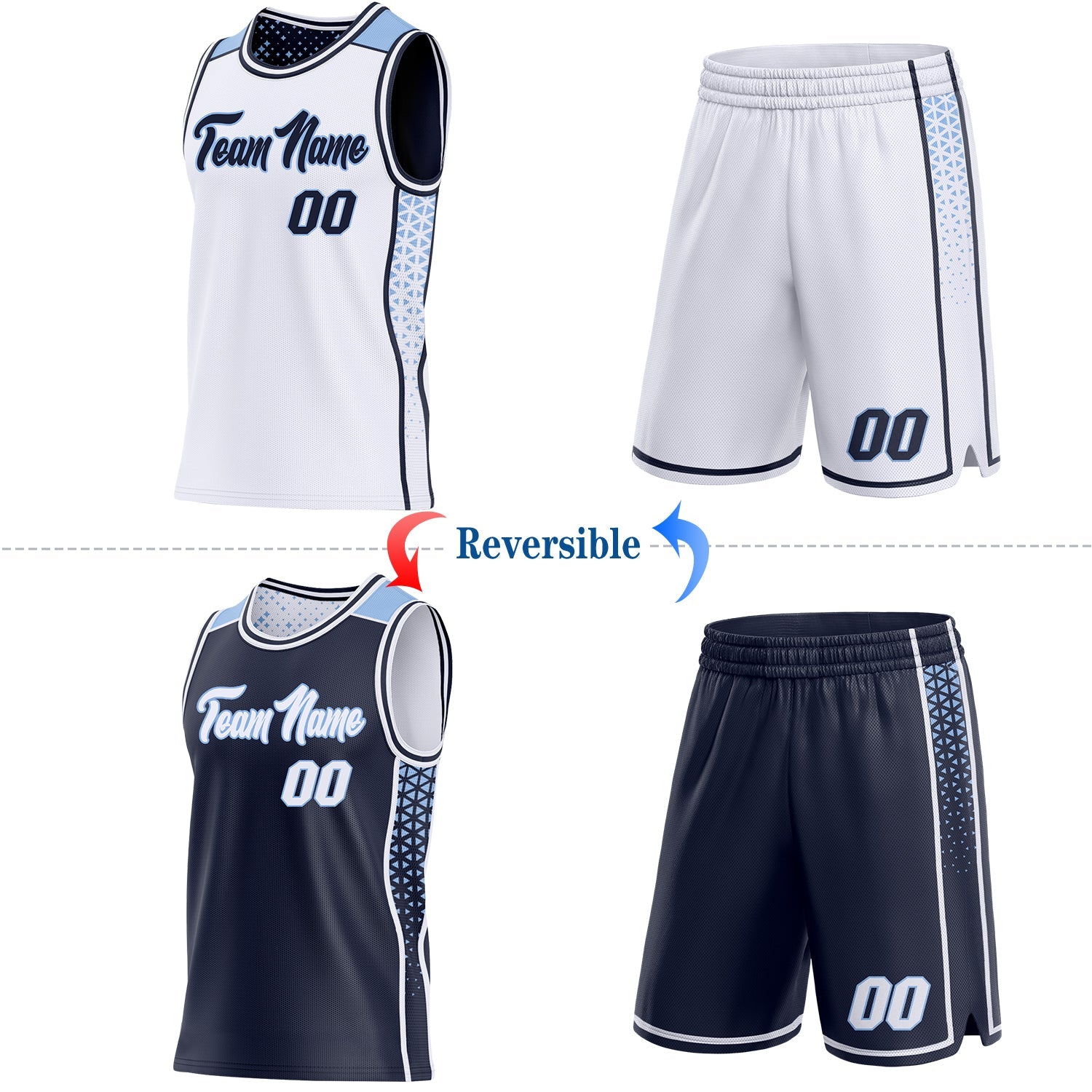 Custom White Navy-Light Blue Side Panel Stripe Geometric Triangle Gradient Dot Reversible Double Side Sublimation Basketball Set Jersey view 2