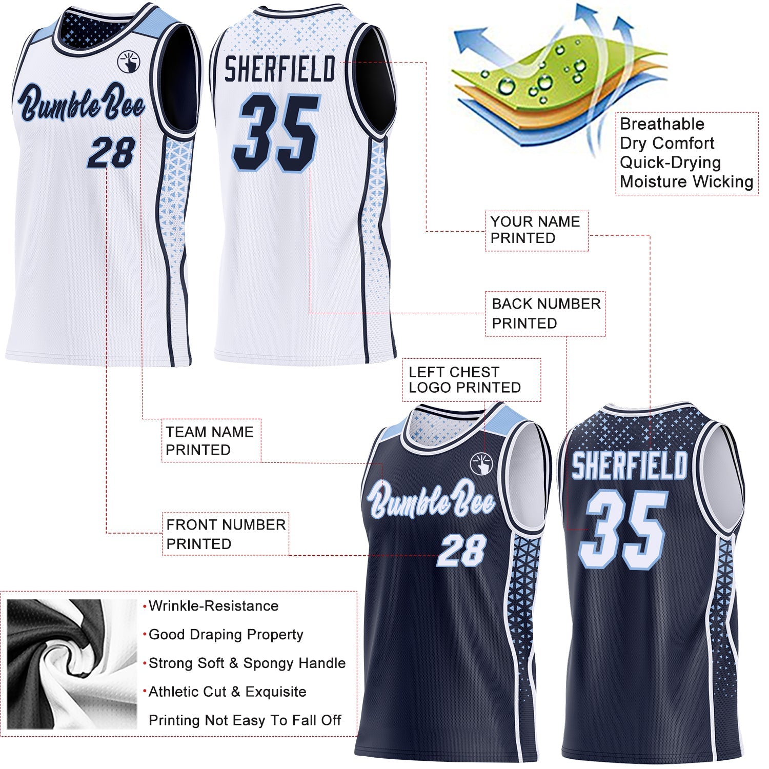 Custom White Navy-Light Blue Side Panel Stripe Geometric Triangle Gradient Dot Reversible Double Side Sublimation Basketball Set Jersey view 3
