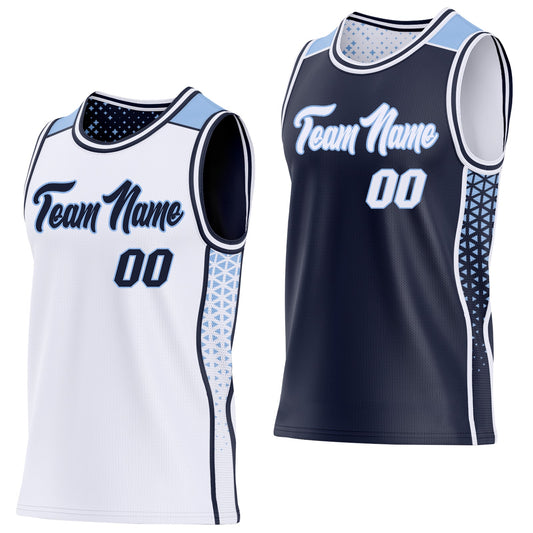 Custom White Navy-Light Blue Side Panel Stripe Geometric Triangle Gradient Dot Reversible Double Side Sublimation Basketball Set Jersey - Main View