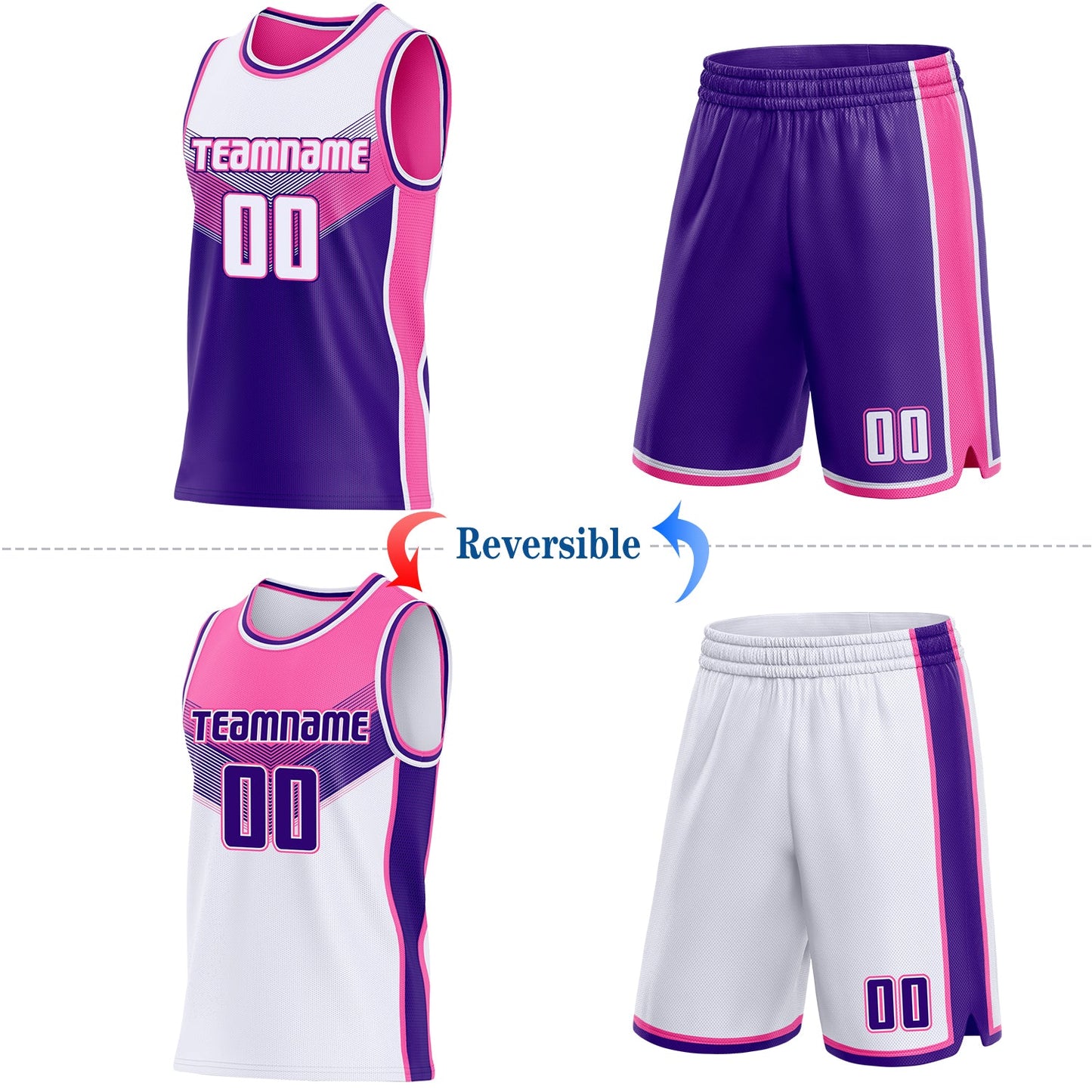 Custom White Purple-Pink Side Panel Stripe Geometric V-Cut Color Block Reversible Double Side Sublimation Basketball Set Jersey view 2