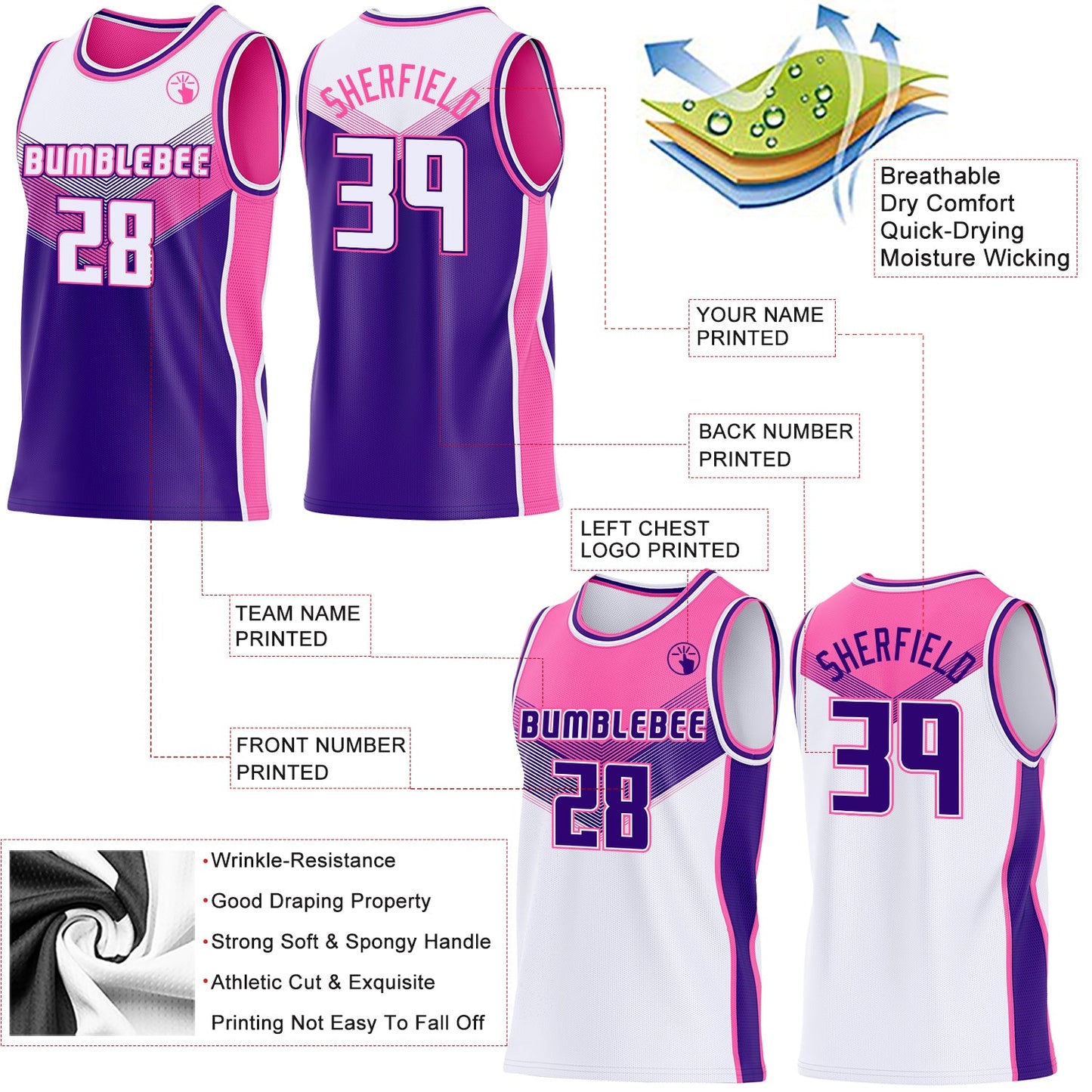 Custom White Purple-Pink Side Panel Stripe Geometric V-Cut Color Block Reversible Double Side Sublimation Basketball Set Jersey view 3