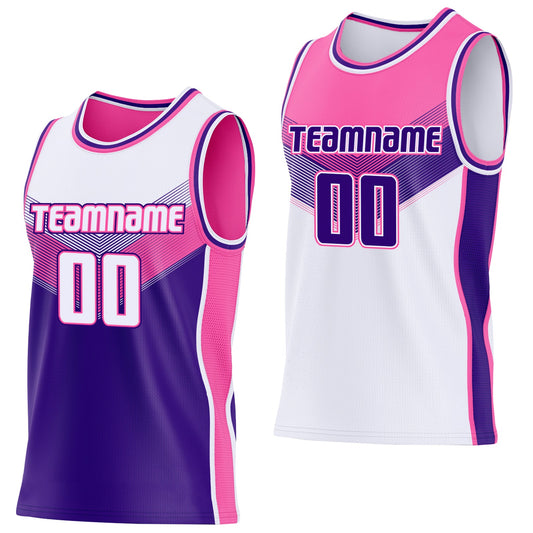 Custom White Purple-Pink Side Panel Stripe Geometric V-Cut Color Block Reversible Double Side Sublimation Basketball Set Jersey - Main View