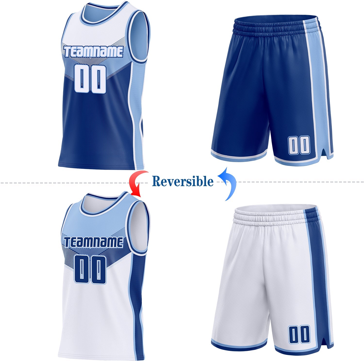 Custom White Royal-Light Blue Side Panel Stripe Geometric V-Cut Color Block Reversible Double Side Sublimation Basketball Set Jersey view 2