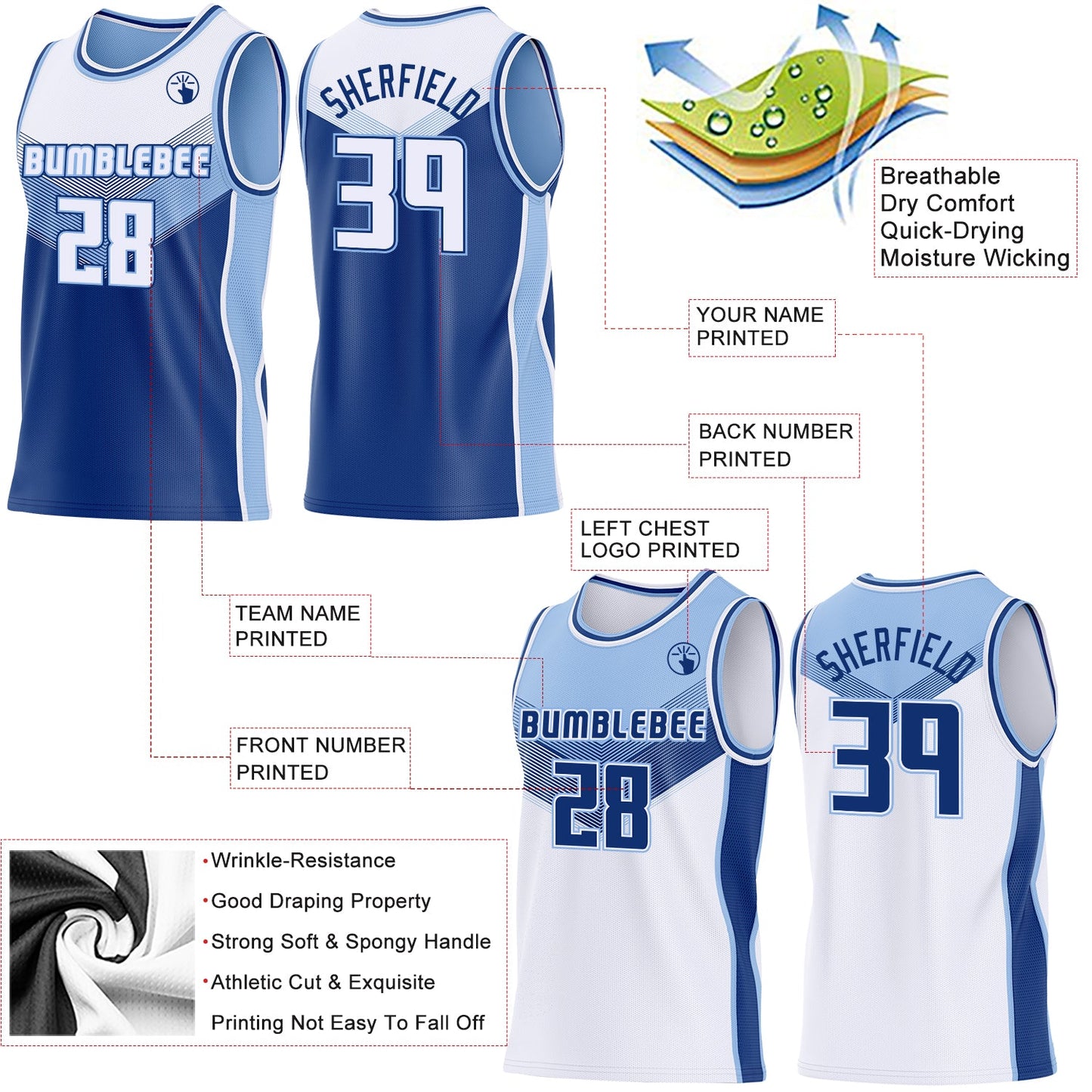 Custom White Royal-Light Blue Side Panel Stripe Geometric V-Cut Color Block Reversible Double Side Sublimation Basketball Set Jersey view 3