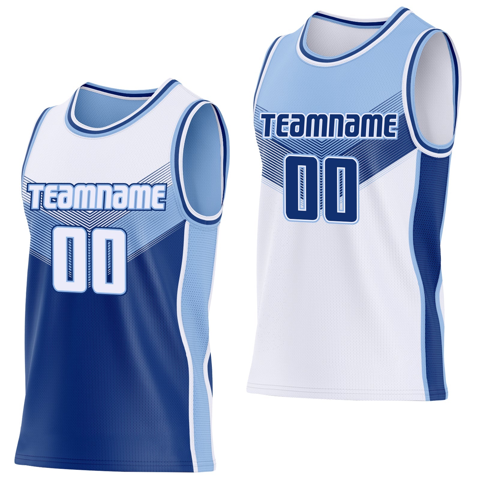 Custom White Royal-Light Blue Side Panel Stripe Geometric V-Cut Color Block Reversible Double Side Sublimation Basketball Set Jersey - Main View