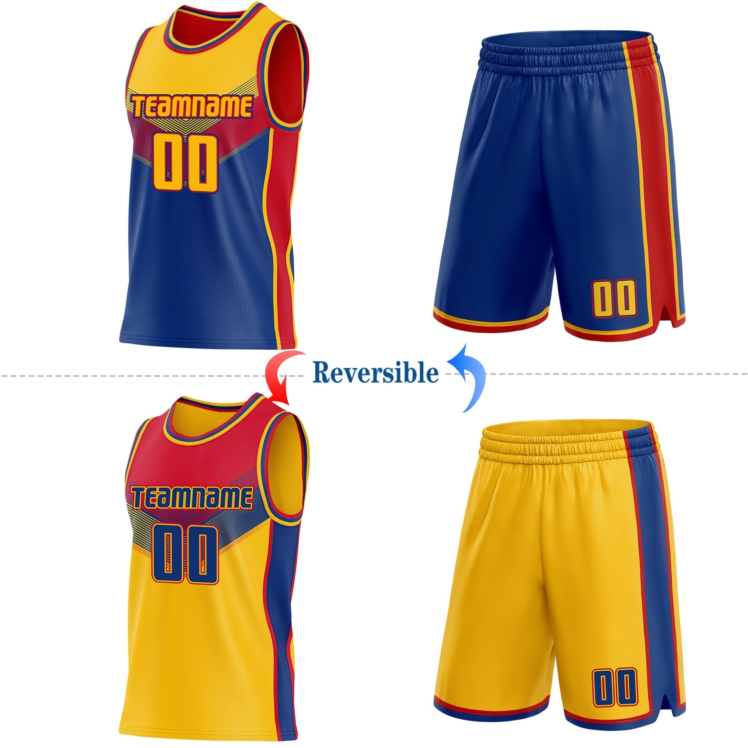 Custom Gold Royal-Red Side Panel Stripe Geometric V-Cut Color Block Reversible Double Side Sublimation Basketball Set Jersey view 2