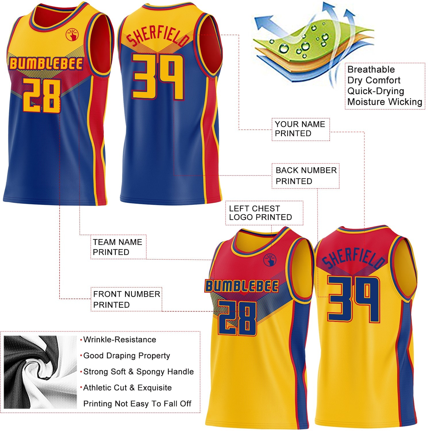 Custom Gold Royal-Red Side Panel Stripe Geometric V-Cut Color Block Reversible Double Side Sublimation Basketball Set Jersey view 3