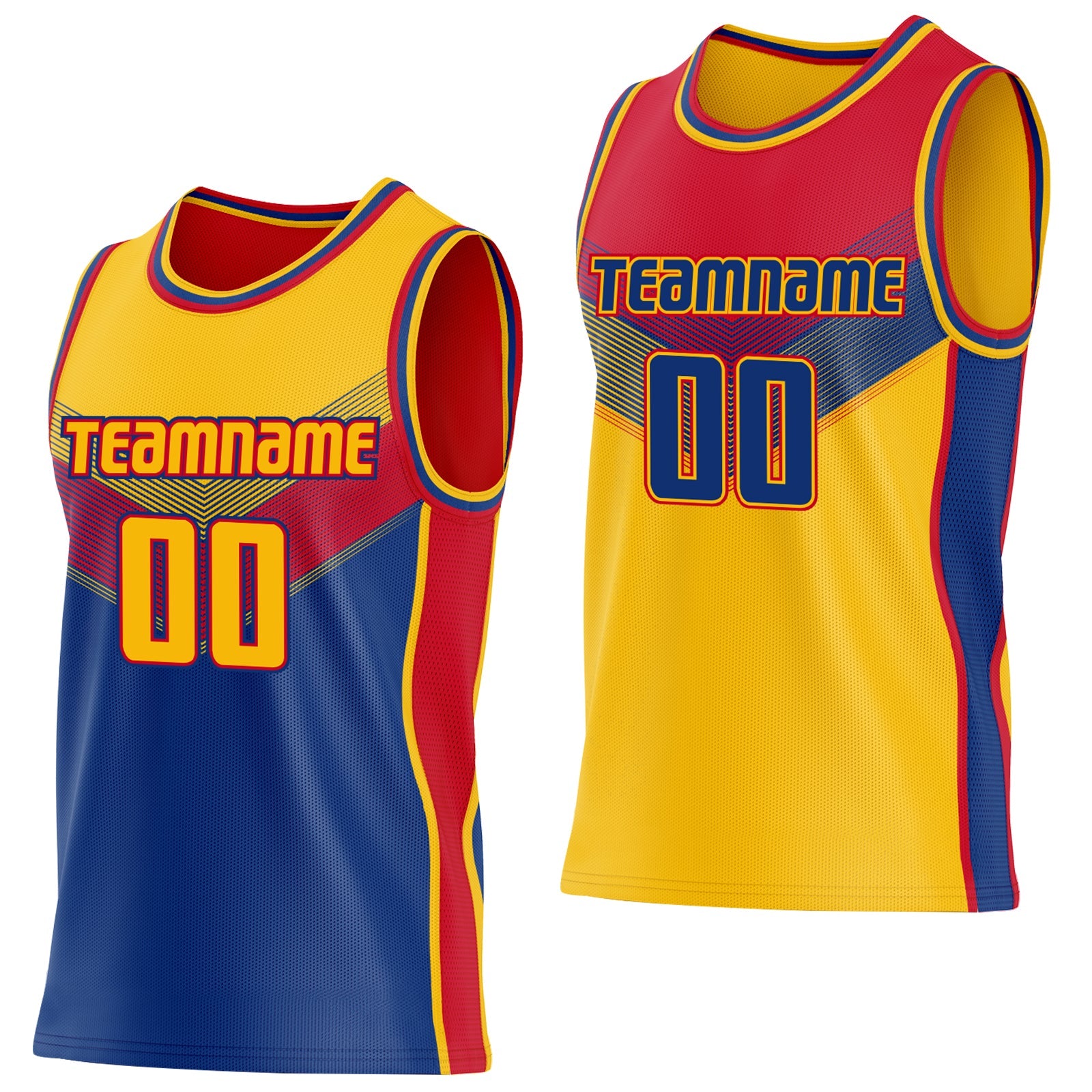 Custom Gold Royal-Red Side Panel Stripe Geometric V-Cut Color Block Reversible Double Side Sublimation Basketball Set Jersey - Main View
