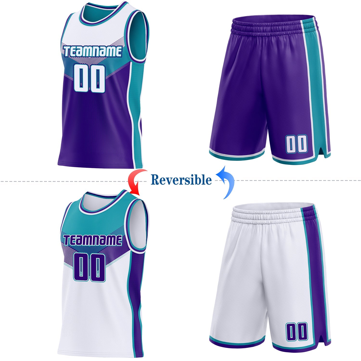 Custom White Purple-Teal Side Panel Stripe Geometric V-Cut Color Block Reversible Double Side Sublimation Basketball Set Jersey view 2