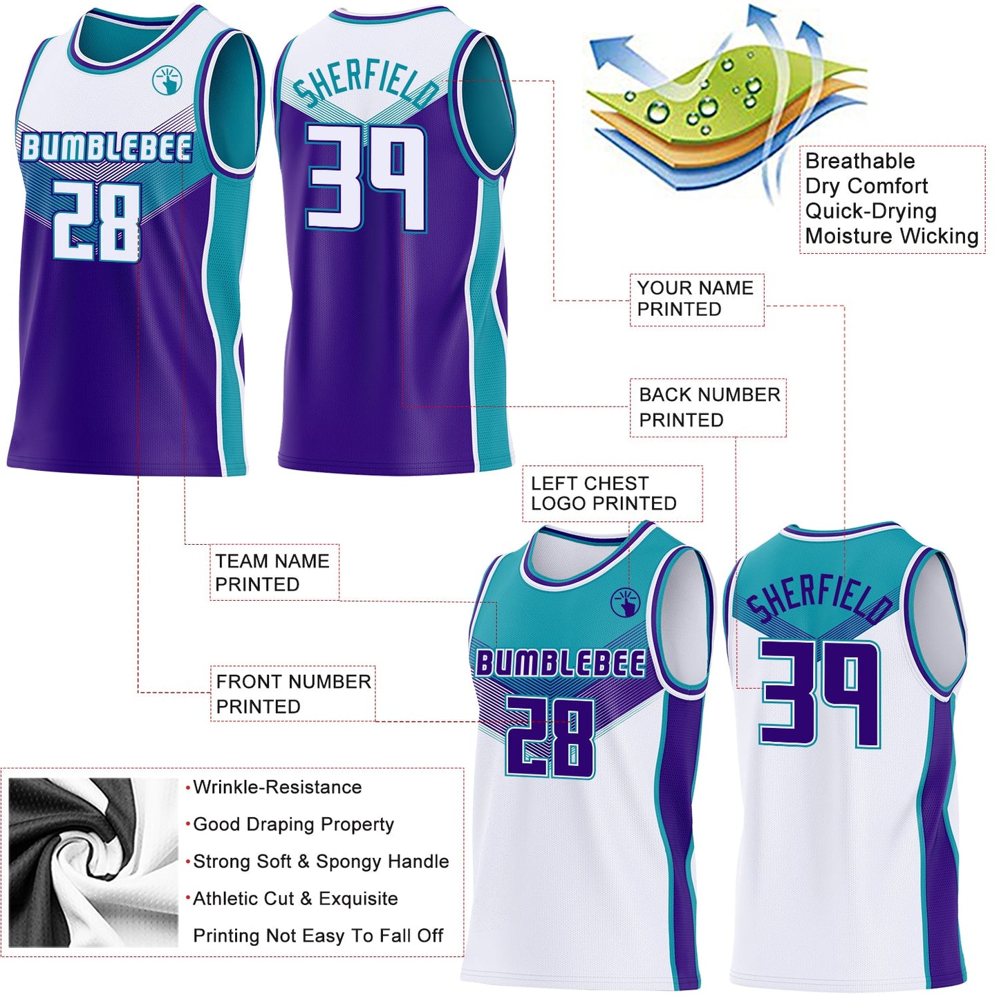 Custom White Purple-Teal Side Panel Stripe Geometric V-Cut Color Block Reversible Double Side Sublimation Basketball Set Jersey view 3