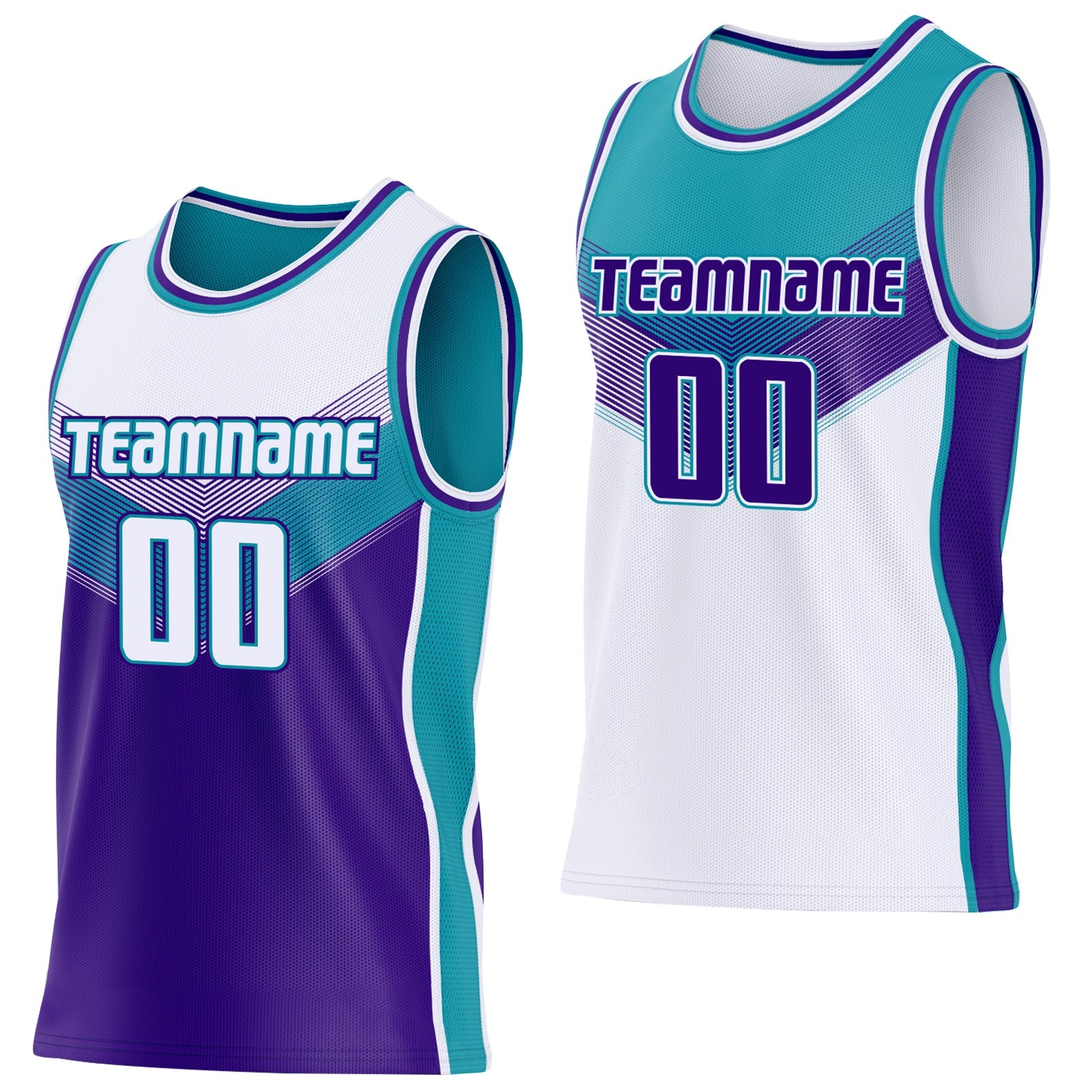 Custom White Purple-Teal Side Panel Stripe Geometric V-Cut Color Block Reversible Double Side Sublimation Basketball Set Jersey - Main View