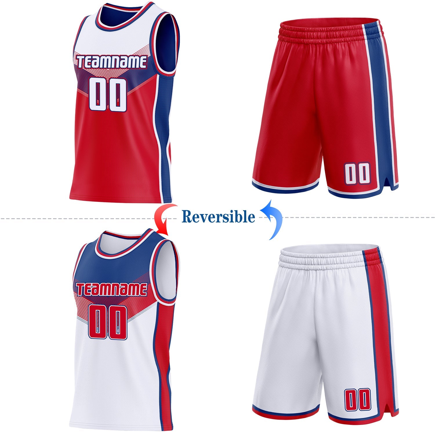 Custom White Red-Royal Side Panel Stripe Geometric V-Cut Color Block Reversible Double Side Sublimation Basketball Set Jersey view 2