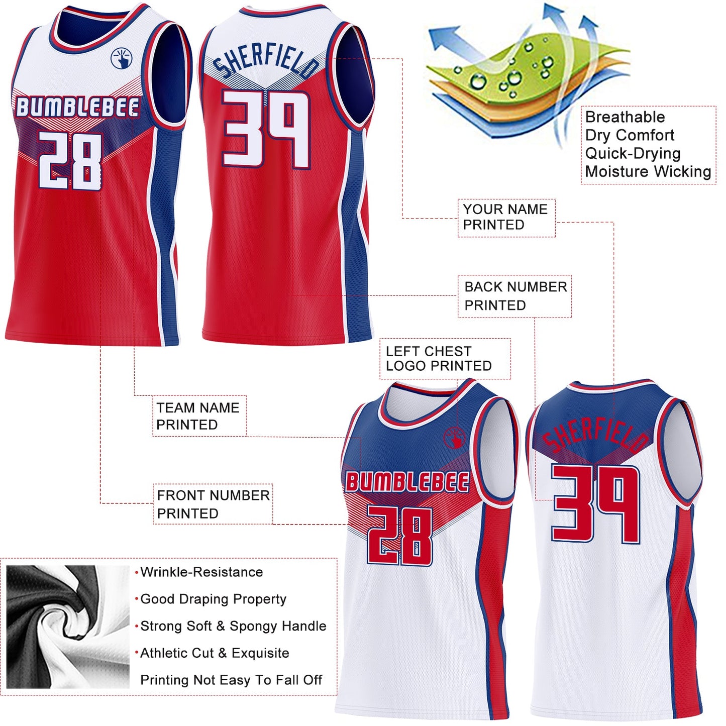 Custom White Red-Royal Side Panel Stripe Geometric V-Cut Color Block Reversible Double Side Sublimation Basketball Set Jersey view 3
