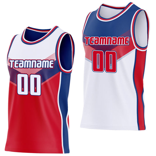Custom White Red-Royal Side Panel Stripe Geometric V-Cut Color Block Reversible Double Side Sublimation Basketball Set Jersey - Main View