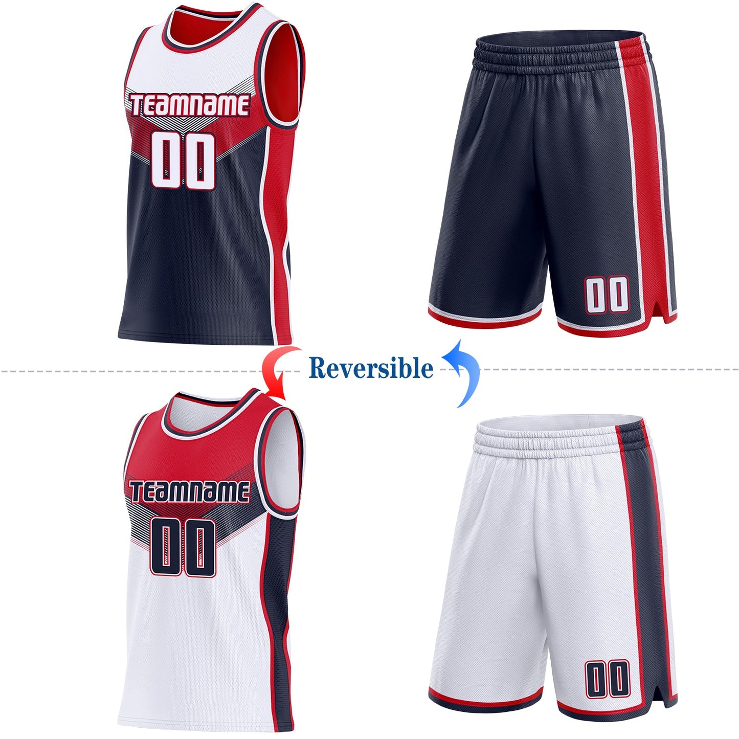 Custom White Navy-Red Side Panel Stripe Geometric V-Cut Color Block Reversible Double Side Sublimation Basketball Set Jersey view 2